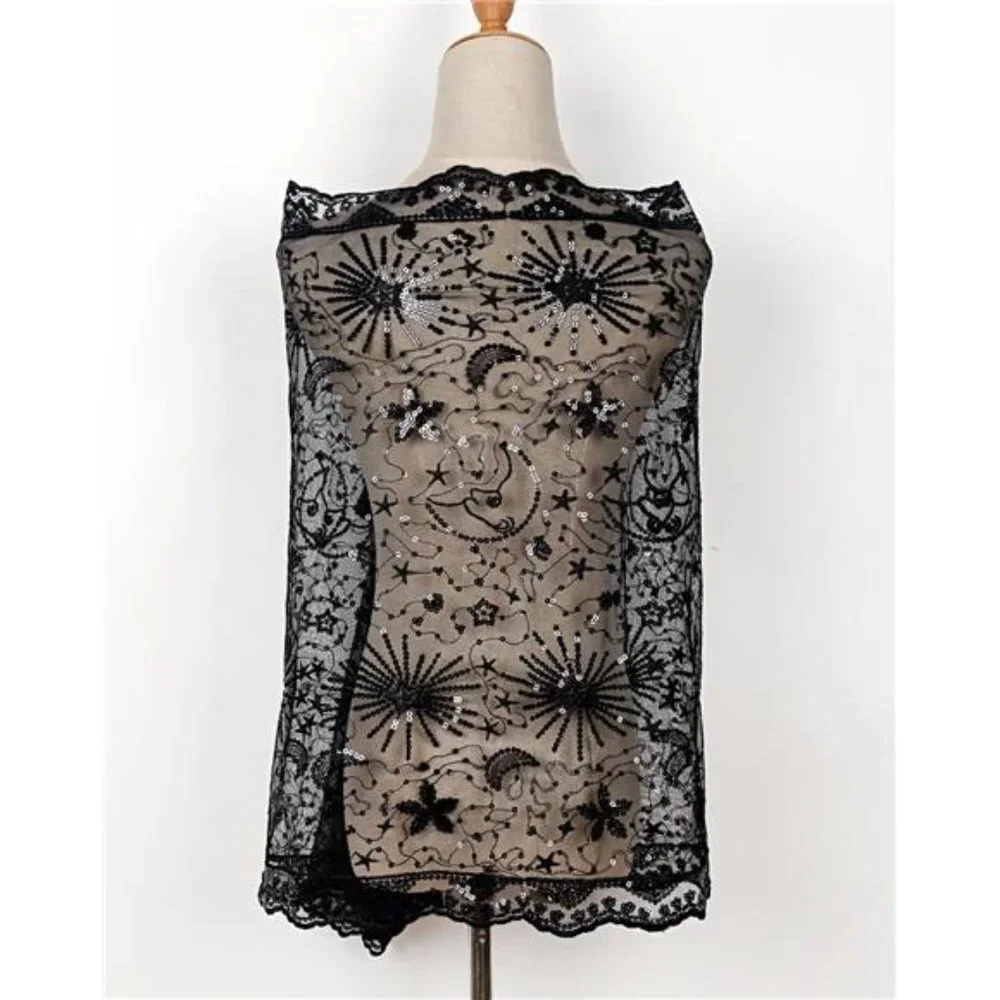 Boho Black Moon & Star‎ Sheer Mesh Sequin Embellished Shawl Wrap Scarf Formal